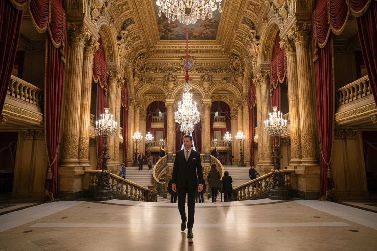 A man walking in a old Paris Opera